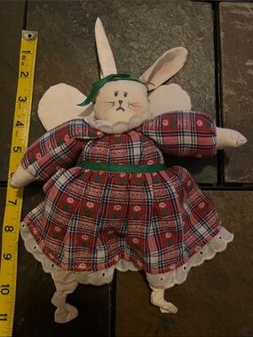 Festive Handcrafted Stuffed Bunny Doll in Red Plaid Dress- EUC